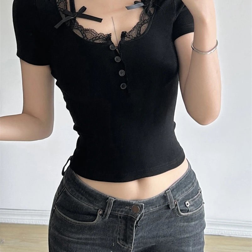 Strapless lace decorative bow cute black Y2K T-shirt womens button ultra-thin short sleeved white T-shirt sweet ballet costume250425bj