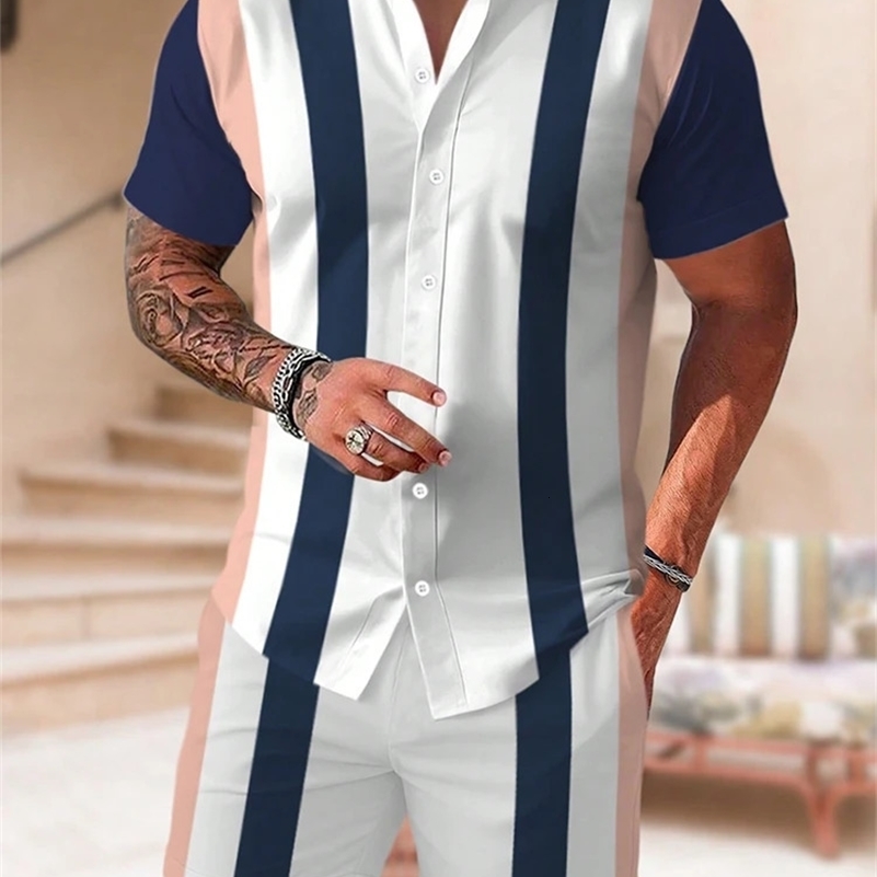 Summer Everyday Mens Short-sleeved Shirt Street Fashion Beach Shorts Patchwork Striped Print Mens Casual Shirt And Shorts Set 250121