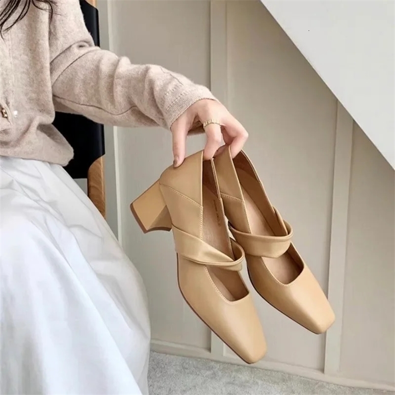 Square Head Soft Leather Thick High Heeled Mary Jane Womens Shoes Comfor British Style Shallow Ladys Pumps Footwear 250206