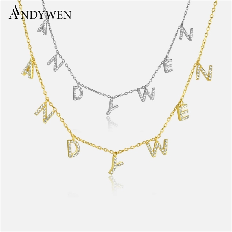 ANDYWEN 925 Sterling Silver Gold Personalized Name Pendant Necklace Alpahbet Birthday Gift Valentiens European Initial Jewelry 240423bj