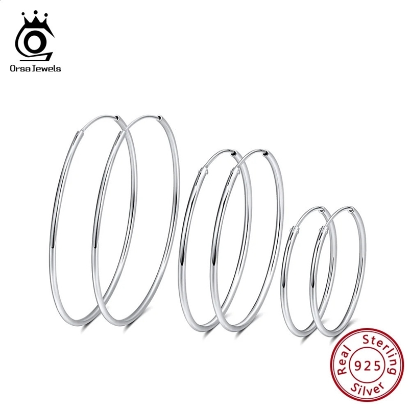 ORSA JEWELS Solid 925 Sterling Silver Round Hoop Earrings For Women 30 40 50 MM Female Circle Earrings Fashion Jewelry SE146 241203