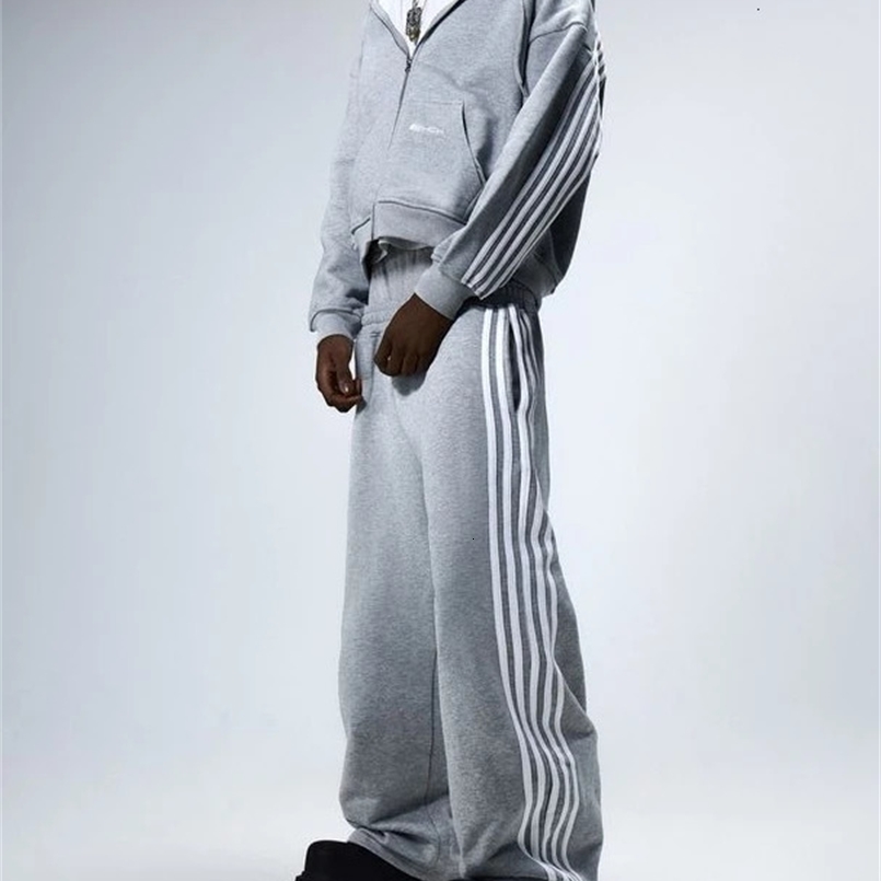 Streetwear HCW Striped Sports Two Piece Set Hip Hop Embroidered Zip Hoodie Mens Womens Harajuku Casual Sweatshirt Sweatpants Set 250219