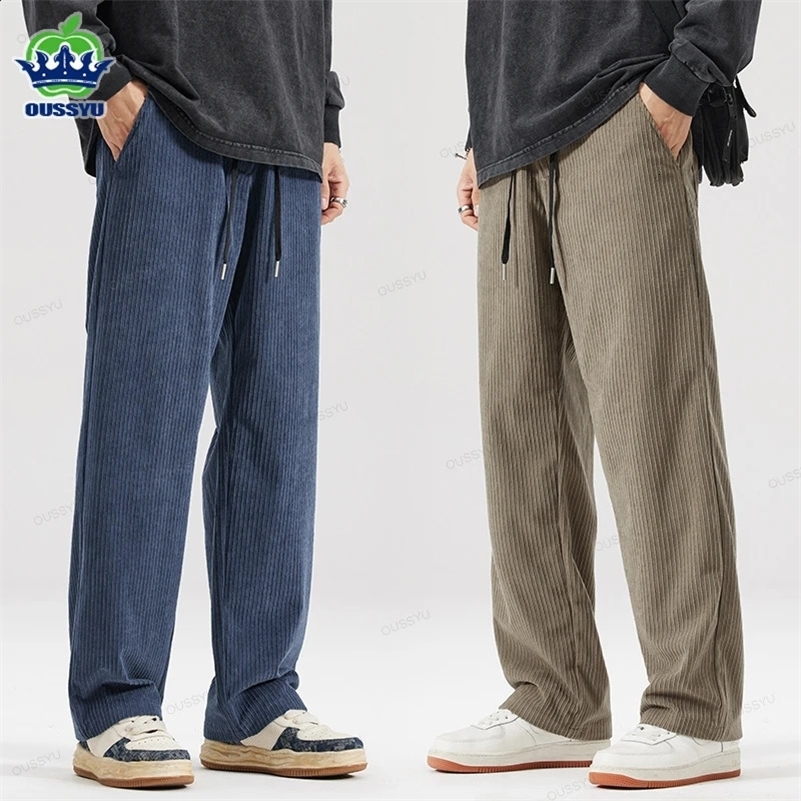 OUSSYU Autumn Winter Mens Stripe Corduroy Pants Elastic Waist Drawstring Straight Thick Outdoors Loose Casual Trousers 250327