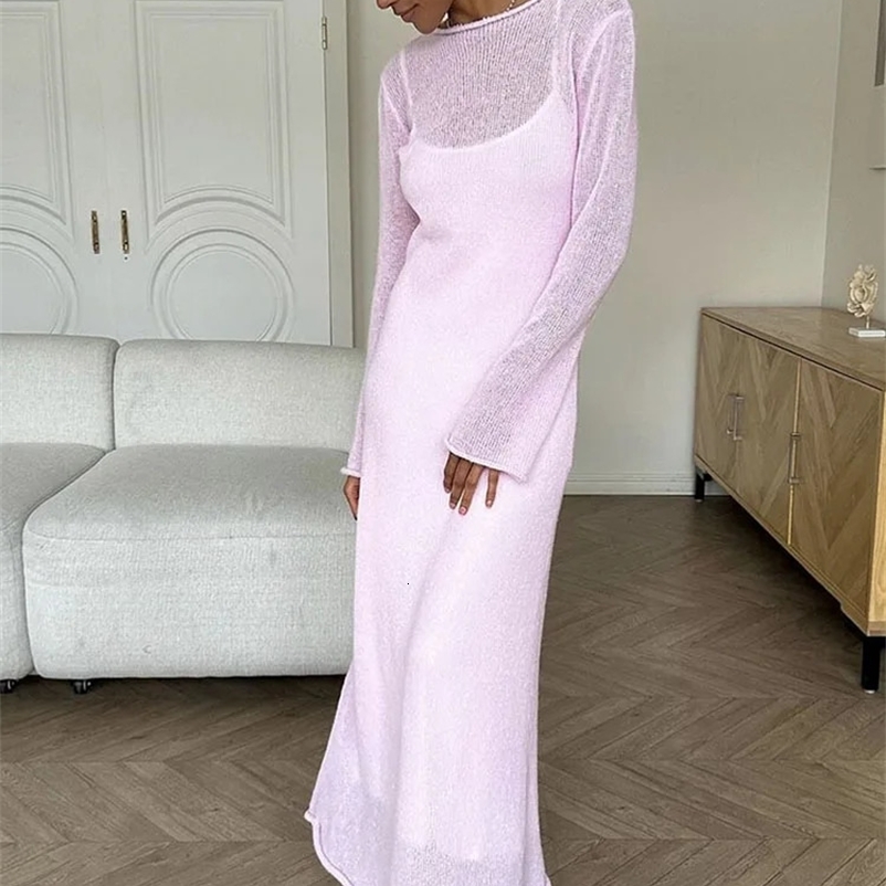 Spring and Autumn O-neck Elastic Knitted Long Dress for Women 2024 Elegant and Unique Soft Womens Hollow Sweater Womens Style250425bj