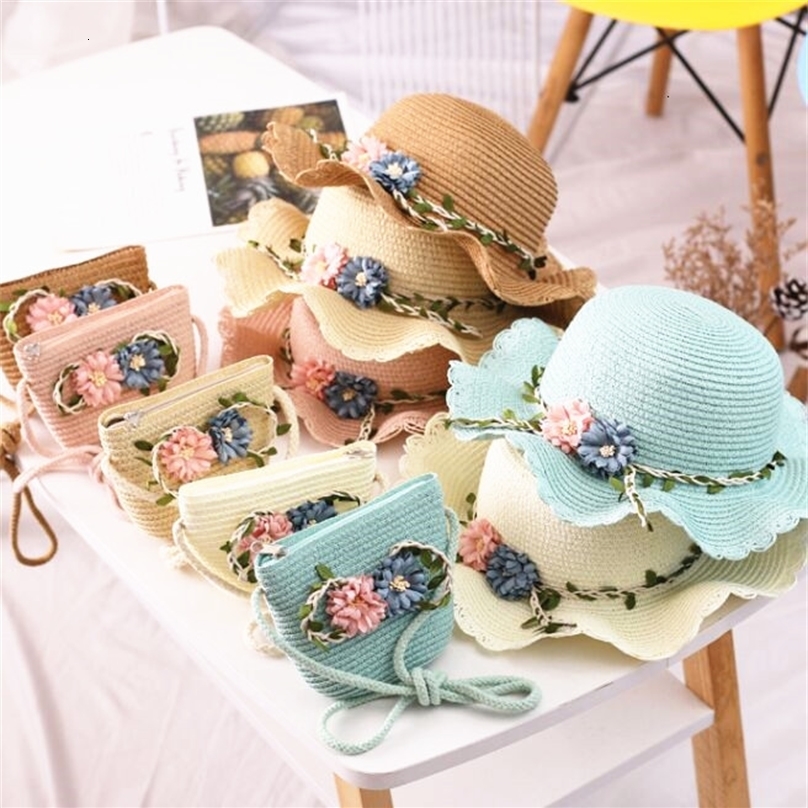 Gorras Sombreros Niños Sombrero de paja Bolso de hombro Bolsas de asas Verano niños niña bebé 2 piezas un conjunto lindo floral sol cubo Gorros 2304