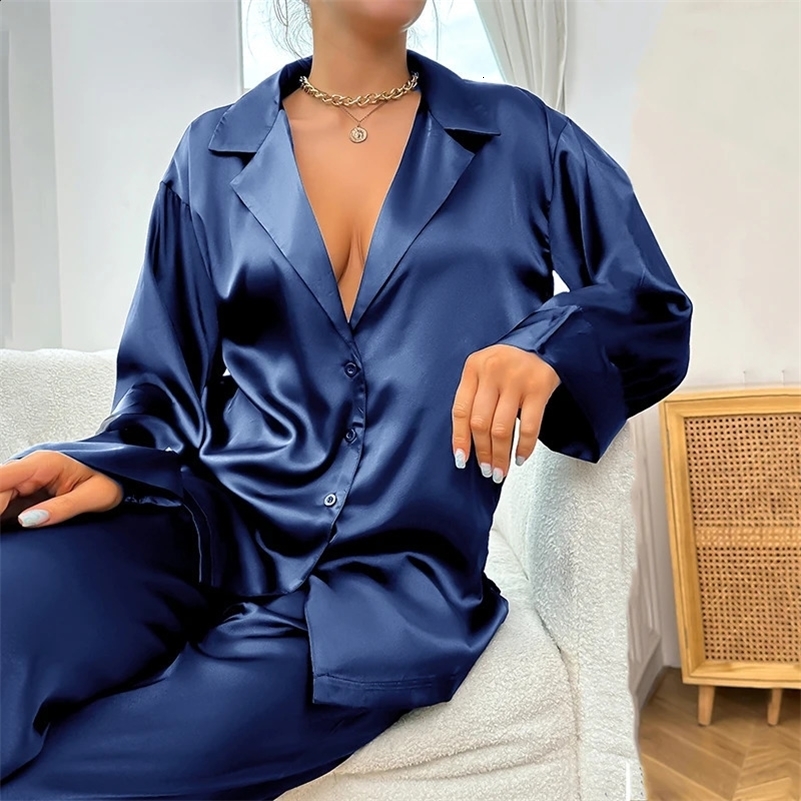 Vêtements de sommeil en soie en satin pour femmes Pyjamas de vêtements pour la maison sexy pour femmes à manches longues pantalons larges pantalo
