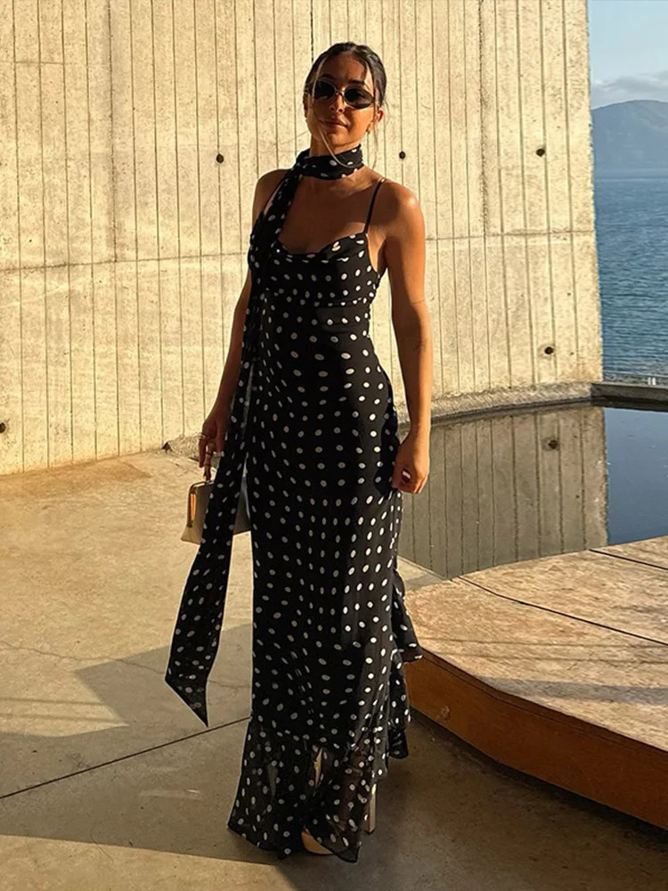 Retro Polk Dot Long Dress With Ribbon Women Sexy Low Cut Sleeveless Pleated Slim Evening Dresses Female Spring Chic Street Party250922
