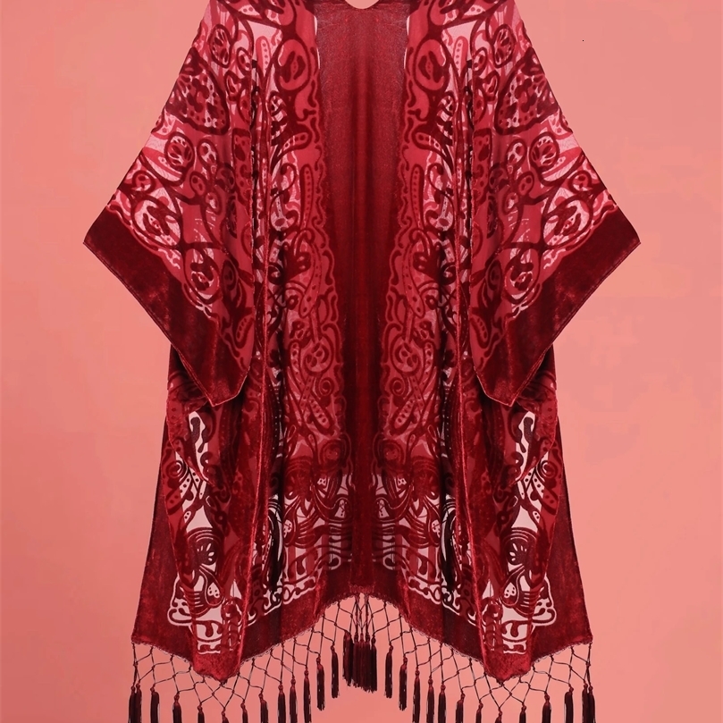 WeHello Bohemian Style Wool Sweater Wine Red Velvet Casual and Comfortable Beach Vacation Shawl JYPF59 241105