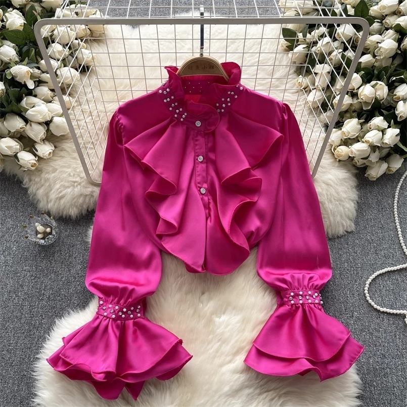 Vintage Rhine Stone Long Sleeve Blouse Slim Elegant Fashion Crop Top Sexy Spring Autumn Women Shirt 250310