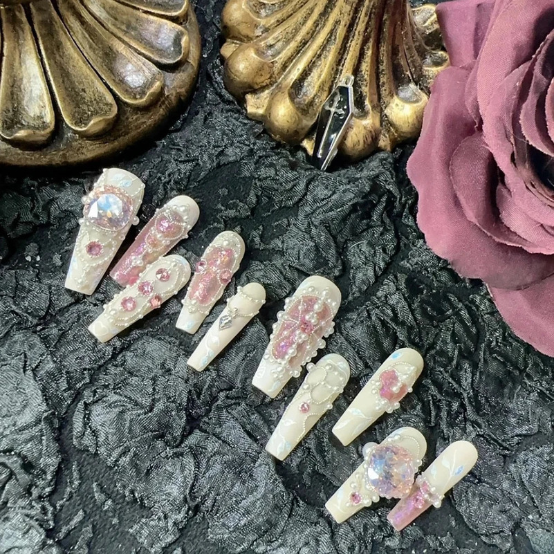 10 Pcs Handmade Press On Nails Christmas Pink 3D Limited Long Coffin False Nails Art DIY Nails with Set 250110