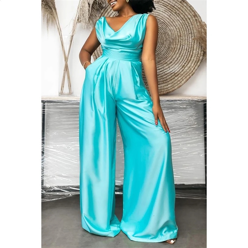 Plus Size Summer Fashion Womens Jumpsuit Casual Sleeveless Large Size Cyan Daily Satin High Neck Wide Leg Jumpsuit 250318