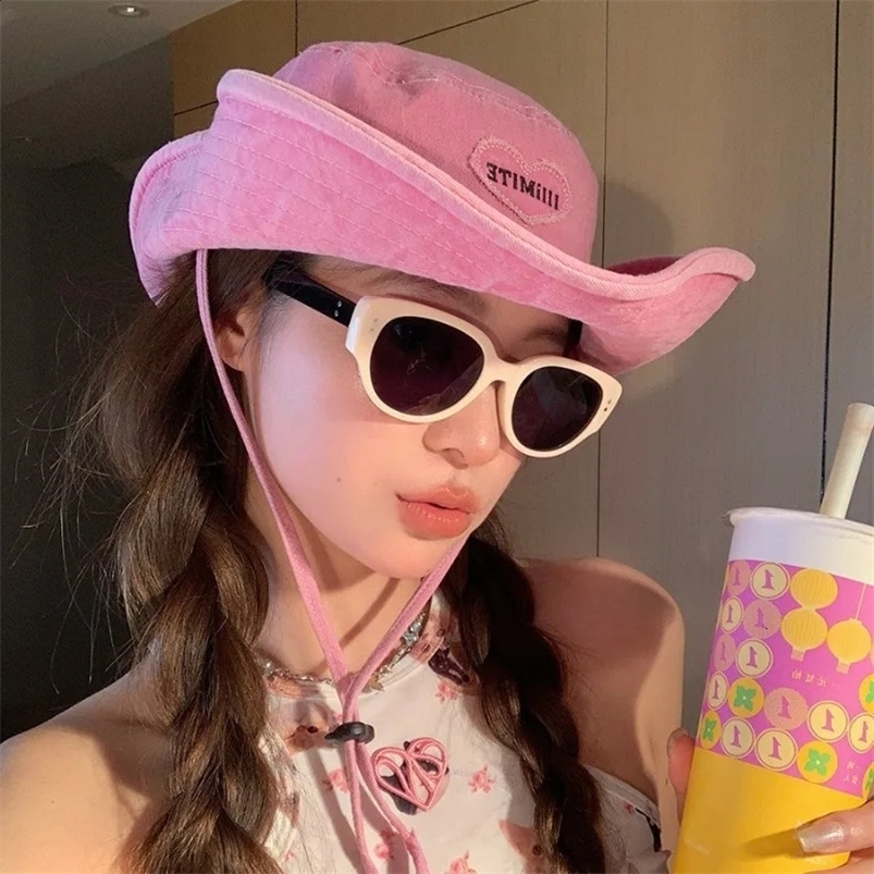 Japanese retro washed womens denim hat for spring and summer outdoor camping sun protection sweet pink love bucket hat 250409