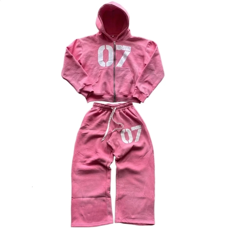 Streetwear Y2k Zipper Hoodie Two Piece Set Hip Hop Digital Printed Hoodie Mens and Womens Sportswear Drawstring Casual Sweatpants 250206