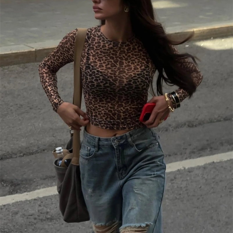 Dulzura Sexy Long Sleeves Tops Mesh T Shirt Leopard Printed Bodycon Women Clothes Lady Party Club Streetwear Casual Nightout Y2K250222bj