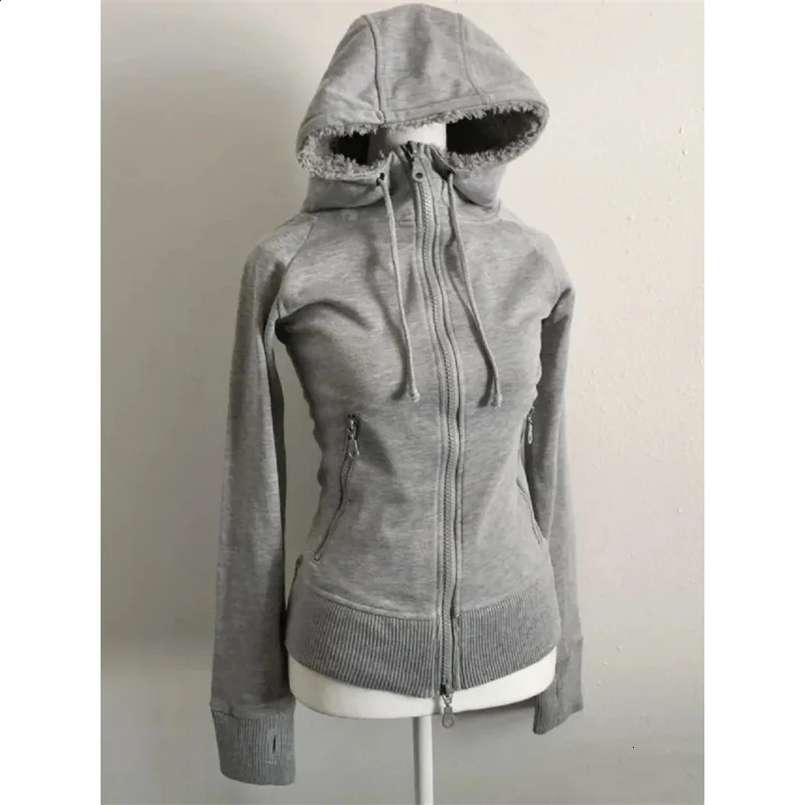 Grey Faux Fur Wool Double Zipper Jacket Hoodies Womens Slim Waist Hooded Vintage Y2k Coats Ropa Mujer Casual Fashion Sweatshirt 250122