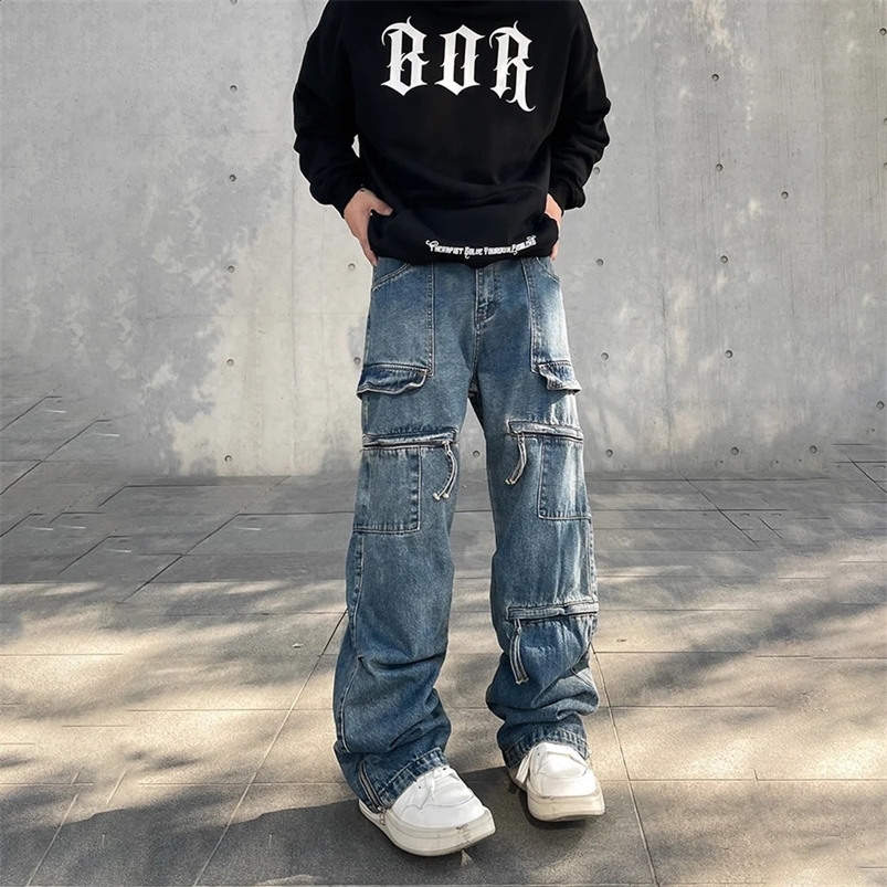 Cargo Jeans Men Big Pocket Loose Autumn Vaqueros Pantalones Hombre Streetwear Bastos azules Casales Y2K Pantalones de mezclilla de invierno Holgados
