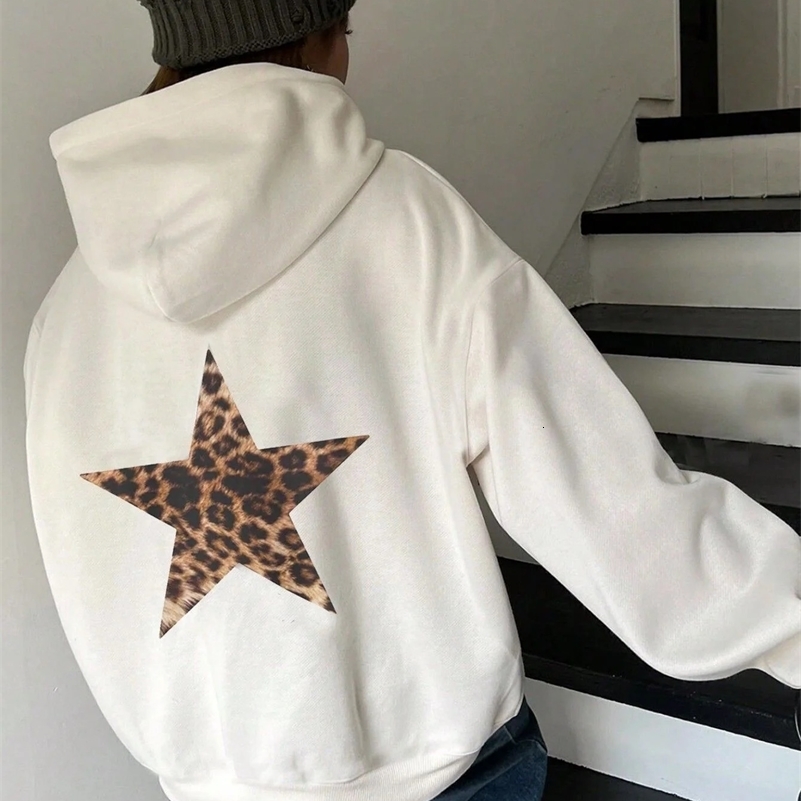 Autumn And Winter Womens Clothing Leopard Print Star Print Fashionable Style Versatile Trend Hooded Long-Sleeved Sweatshirt 250107