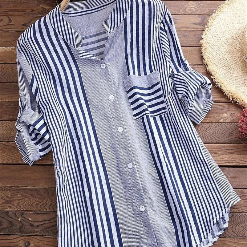 Womens spring and autumn cotton linen long sleeved rolled up striped casual V-neck button down sweater 240820bj