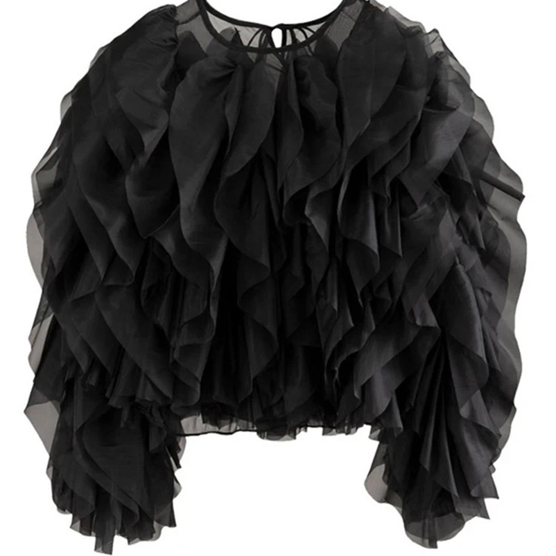 TWOTYLE Retro Patchwork Ruffle Shirt Womens O-neck Lantern Long Sleeve Solid Elegant Shirt Womens Fashion Style 241206bj