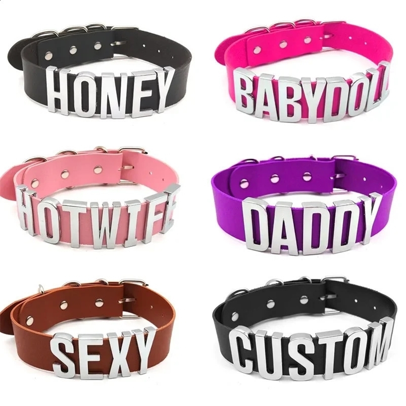 Rhinestone Letter Large Words WIFE Necklace For Women Men Fashion Black PU Leather Wide Choker Collar Custom Name DIY 240828