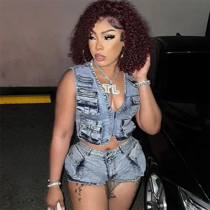 Multi Pockets Denim Shorts Outfit Sexy Women Elegant Two Pieces Jeans Club Macthing JacketShorts 250322