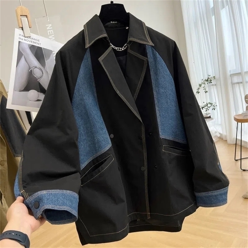 Autumn Denim Jacket Coat Women Splicing Blazer Denim Outerwear Female Long sleeves Loose Jean Jacket Women windbreaker 240828
