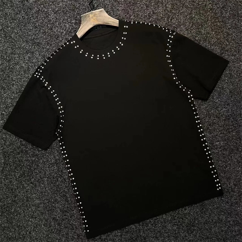 High-quality summer slim T-shirt Homme diamond rivet heavy industry social club suit T-shirt mens short-sleeved street men 250318