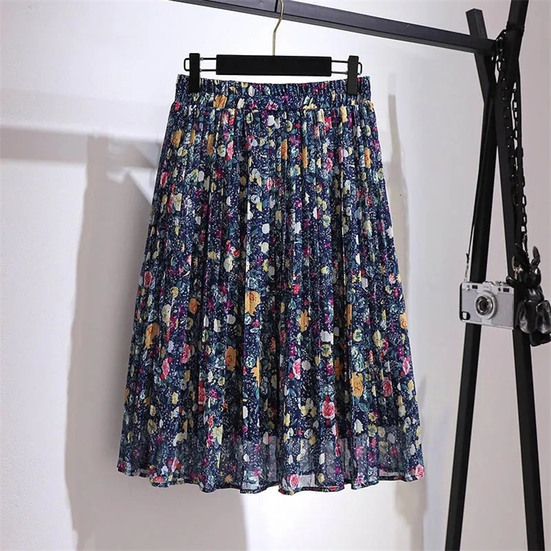 150Kg Plus Size Womens Spring Summer Retro Floral Chiffon A-Line Skirt 5XL 6XL 7XL 8XL 9XL Loose Elastic Waist Skirt Navy 240527