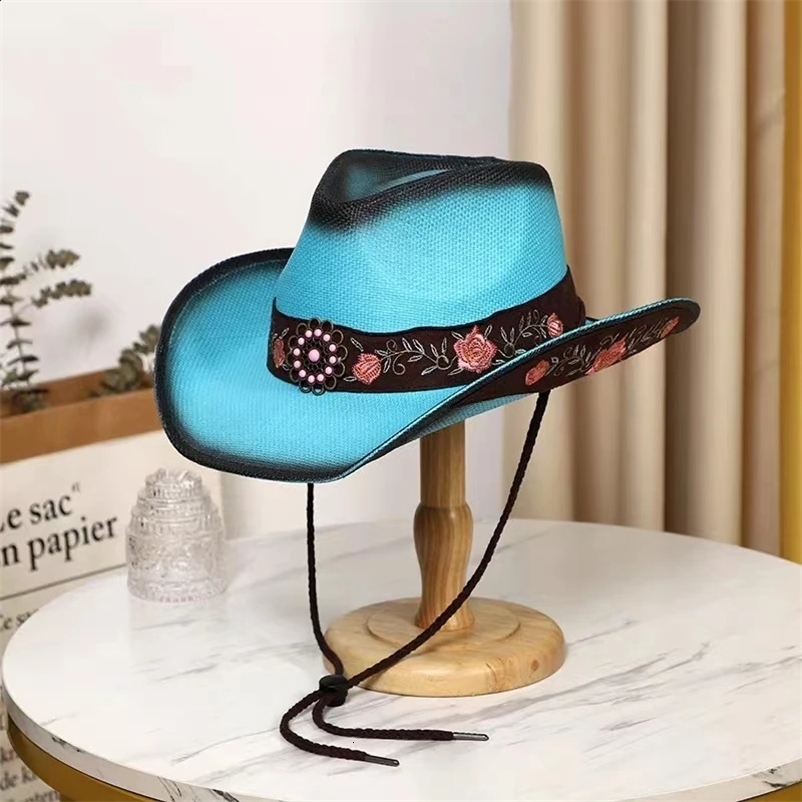 Lake Blue Western Cowboy Straw Hat 2024 Spring and Summer Outdoor Sun Hat Mens and Womens Cowboy Hat gorras 240718bj