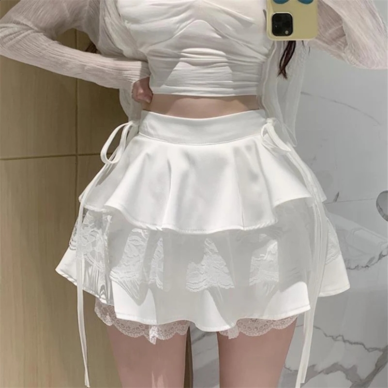 Y2K Sweet Solid Women Mini Skirt Summer High Waist Lace Patchwork Ladies Ball Gown Fashion All Match Ruffles Female Skirt250324bj