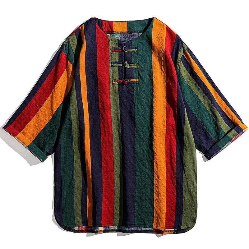 Mens Vintage Striped Floral Print Cotton Linen T-shirts Y2K Summer Fashion Chinese Style Oversized Streetwear Half Sleeve Tops 240808