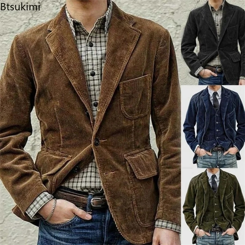 Autumn Winter Mens Coat Jackets Corduroy Casual Suits With Shoulder Pads Fashion Lapel Long-Sleeved Solid Jacket Models 240829
