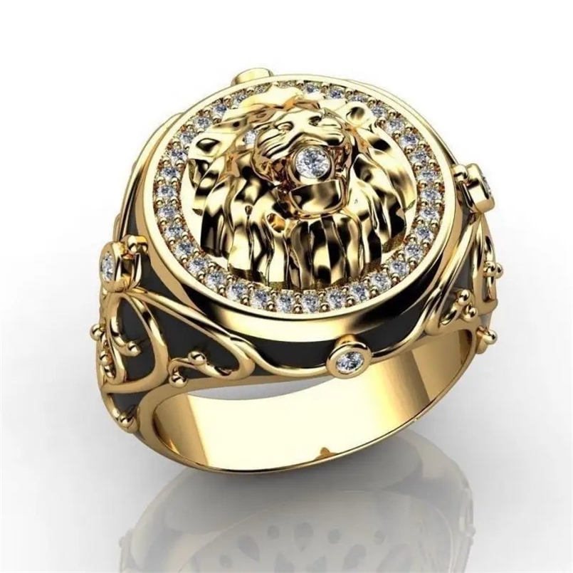 HOYON 18K Gold Color Full Diamond Zircon Lion Ring for Mens Wedding Punk Style Engagement Ring for Mens Retro Womens Jewelry 240625