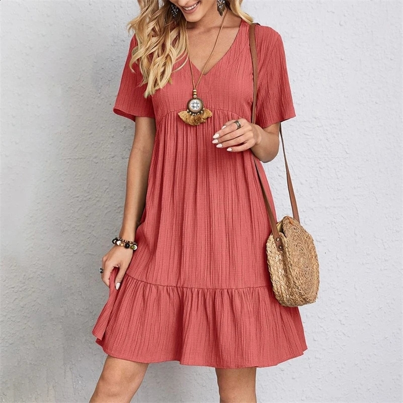 Summer solid dress womens casual bohemian V-neck short sleeved ruffled loose A-line mini dress elegant beach party on Vestdos Street 241230
