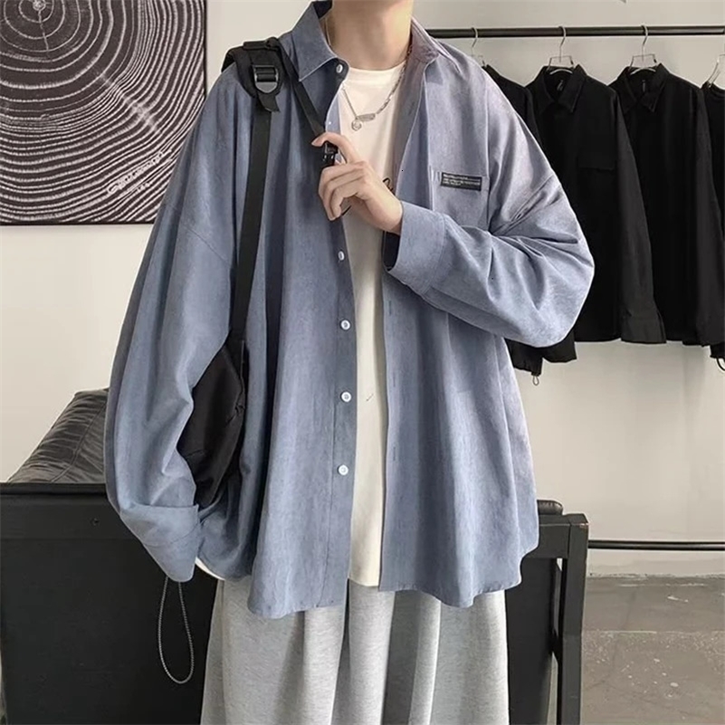 Korean Fashion Black Long Sleeve Shirts Spring Mens Harajuku Black Oversized Shirt Button Up Shirts Blouses Unisex Y2K 240808