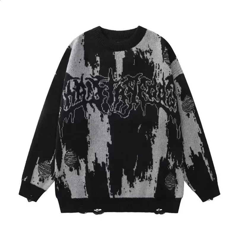 High Street Knitted Sweater Pullover Women American Trendy Tie-dye Contrasting Letter Jacquard Hole Sweater for Men Women 240914