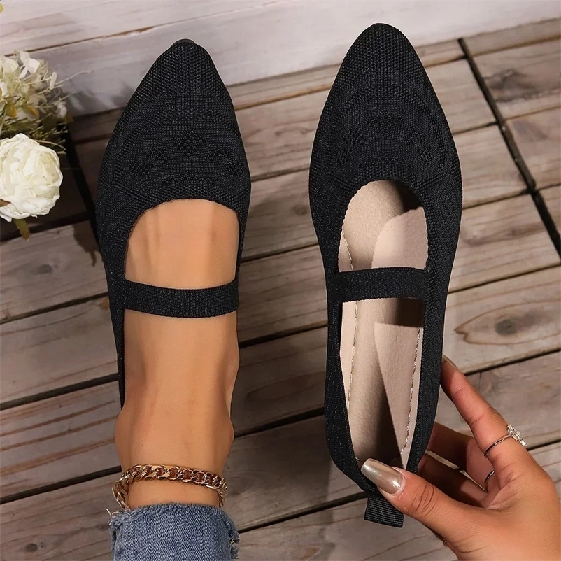 Womens Pointed Toe Flat Shoes Solid Color Knitted Shoes Casual Breathable Ballet Flat Shoes Zapatos Mujer 2024 Tendencia 240930bj