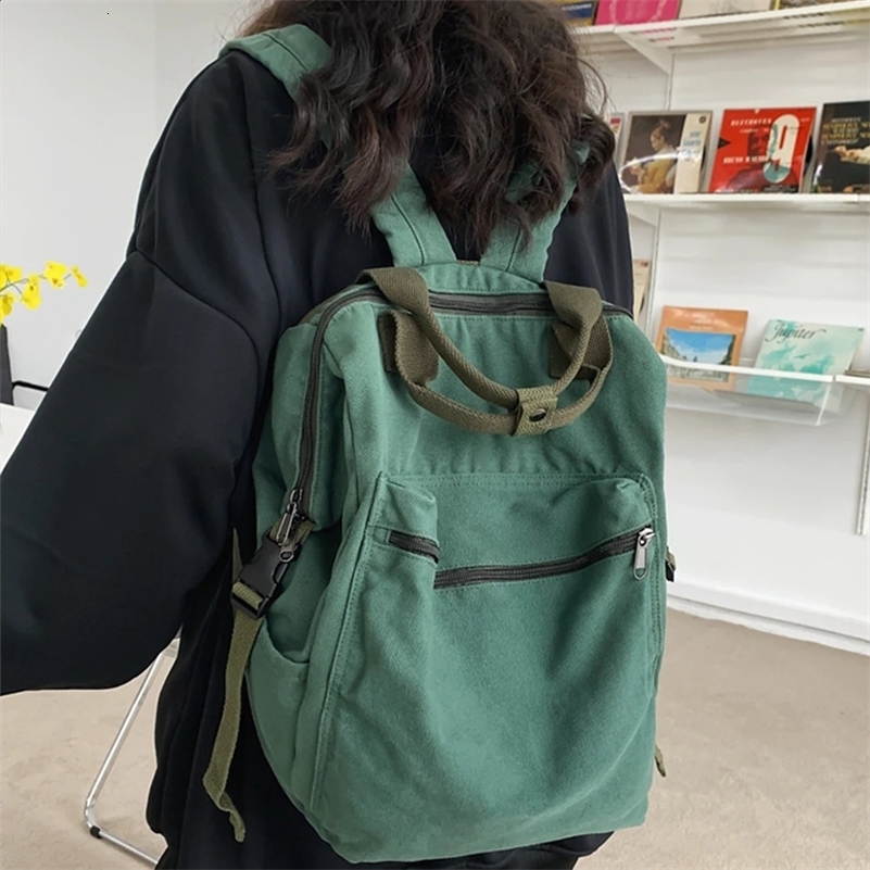 Solid Color Women Canvas Backpack Vintage School Bag for Teenage 2024 Outdoor Travel Handbag Purses Book Bag Rucksack 250206