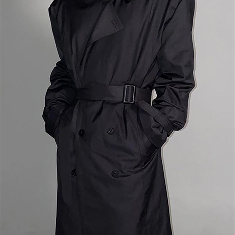 Mauroicardi Spring Autumn Cool Long Black Oversized Trench Coat Men Belt Double Breasted Loose Casual Windproof Outerwear 240920