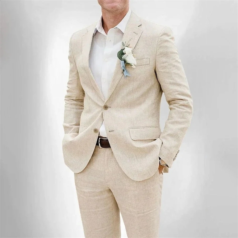 selling high-end summer beige linen mens wedding dress 2-piece set with notch lapel fashionable slim fit and casual beach set 240828bj