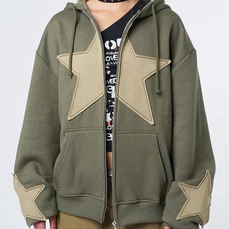Y2K Vintage Star Print Hooded Hoodie for Women Casual Loose Long Sleeve Zip Up Drawstring Sweatshirts Autumn Spring Coat Street250120bj