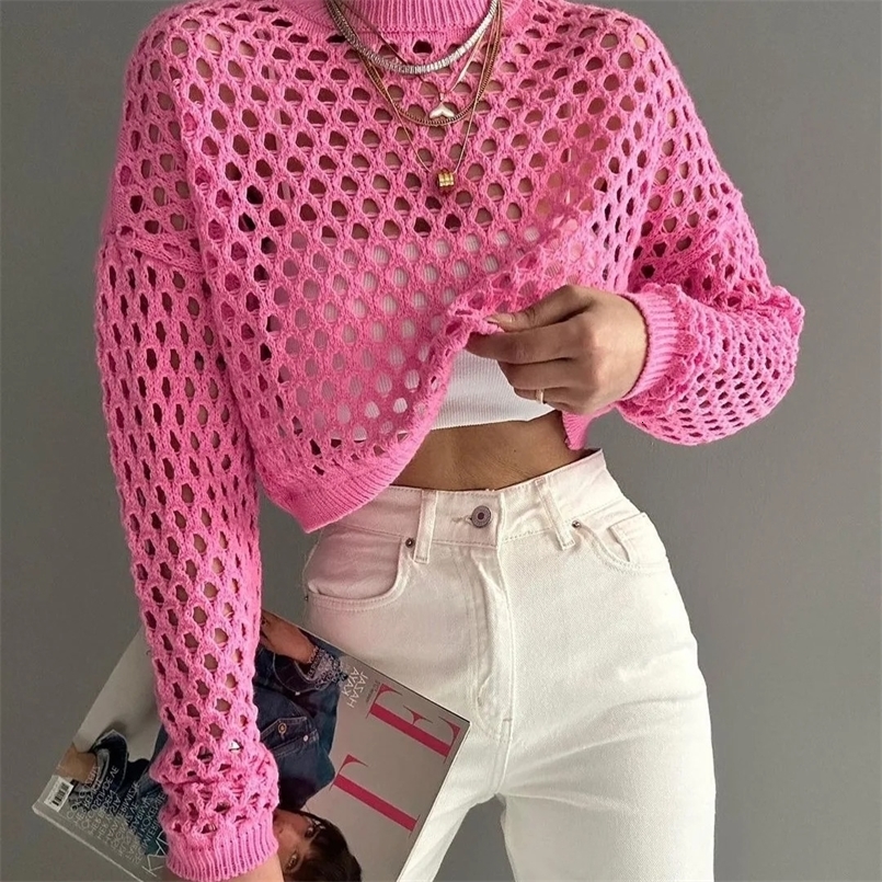 Womens Knitted Sweater with Flared Sleeves and Loose Round Neck Hollow Out Sweater 250314