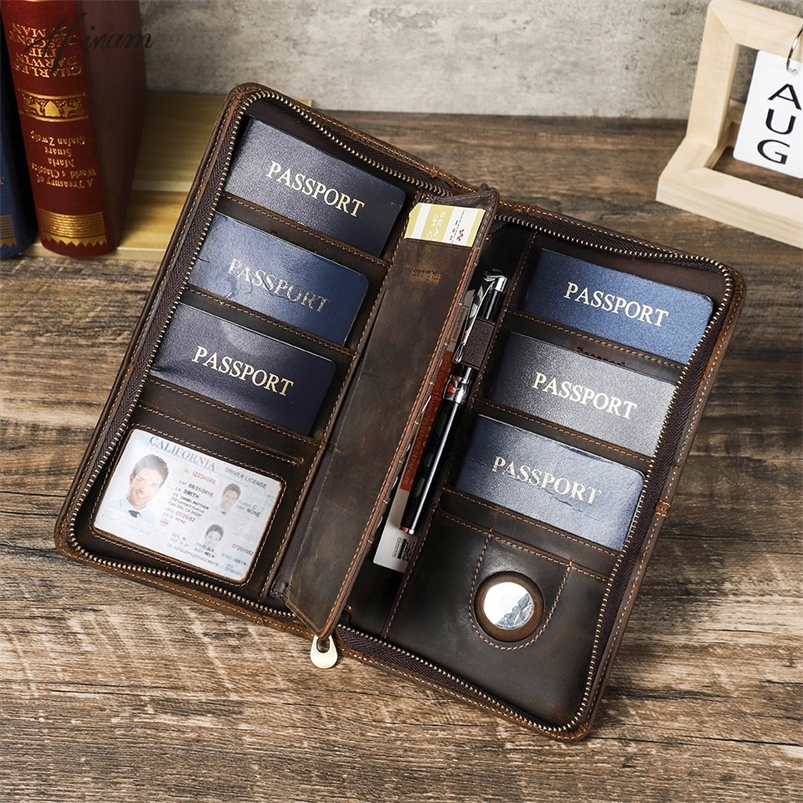 Family Passport Wallet with AirTag Slot for Travel Genuine Leather Credit Card Boarding Pass Holder Pen Cover Money Clutch Bag250906ww