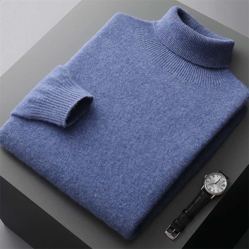 Autumn and winter high-necked mens cashmere sweater solid color loose 100% pure wool Joker fashion thickened basic sweater. 240826