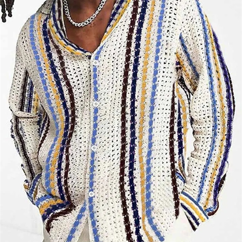 Casual Contrast Knitted Striped Sweater Cardigan Mens Fashion Long Sleeve Single Breasted Knit Coat Male Beach Hollow Out Coat 240814