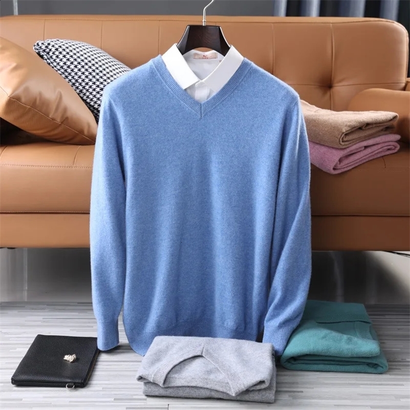 Mens Wool Warm Pullovers Sweater V-Neck Knit Winter Fit Tops Male Cashmere Knitwear Jumpers Bottoming Shirt Plus Size 5XL 241116