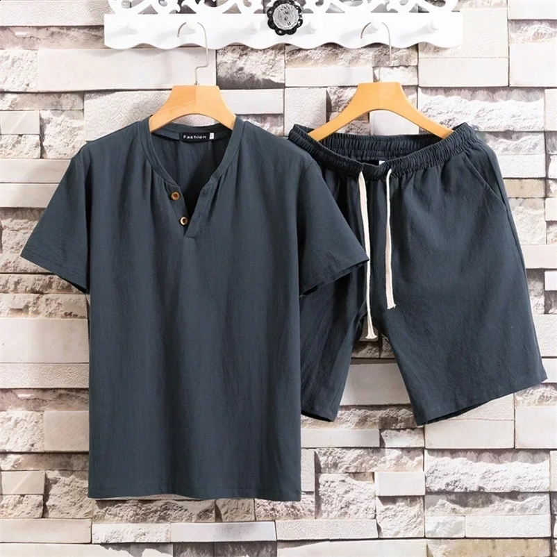 1 set of mens short sleeved set summer cotton linen double button plus size solid color mens T-shirt two-piece set 250425