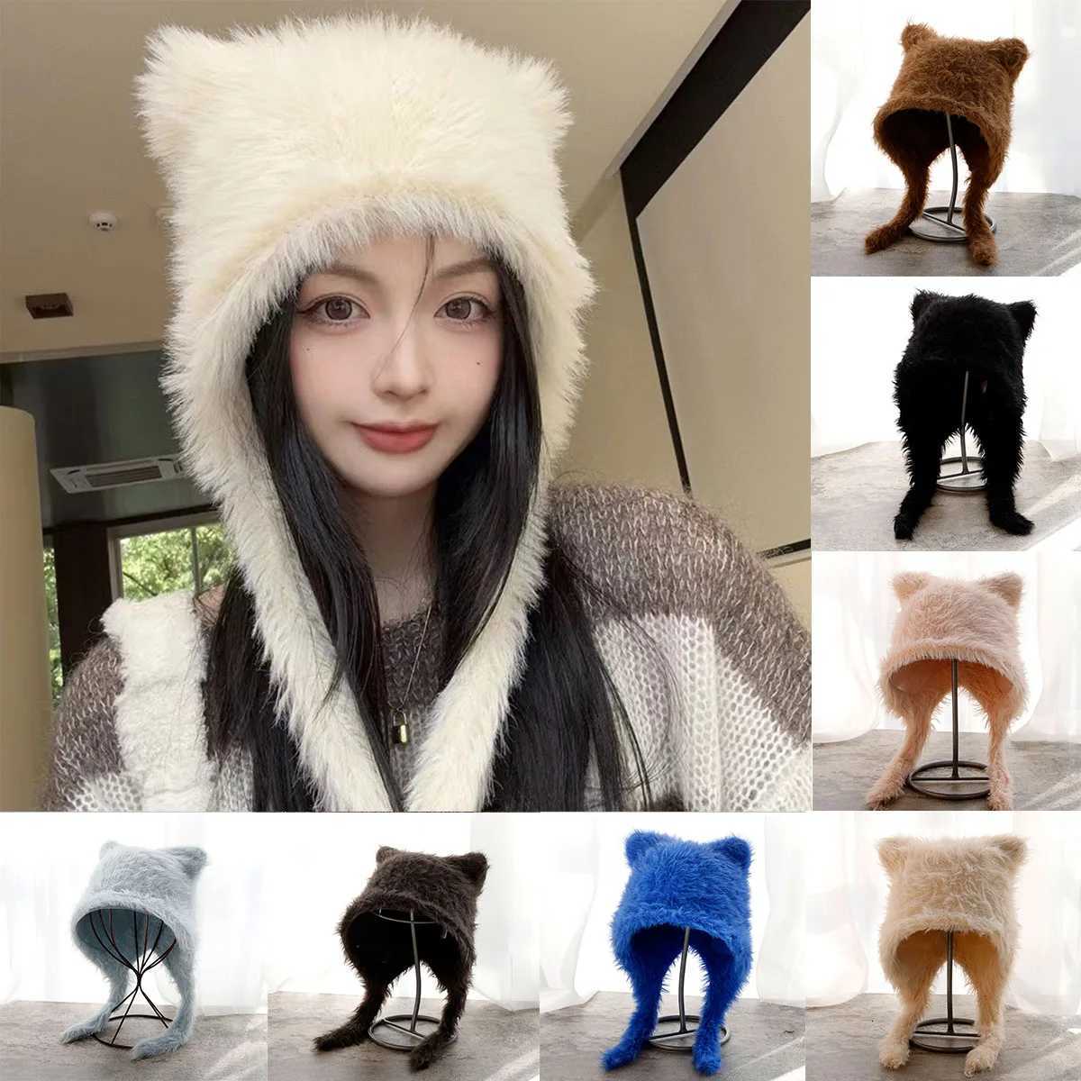2024 new fluffy Beanie Spicy Girl Hat cute cat Ear Hat Winter Thickened Warm Hat bomber Ski Hat faux fur Knitted Hat retro hatXJ250923