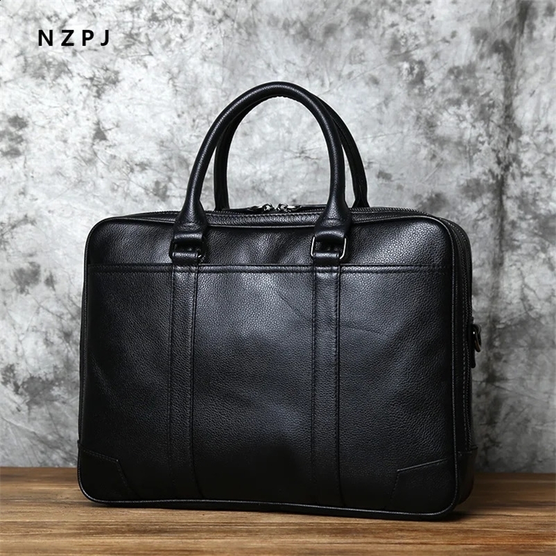 NZPJ Leather Mens Handbag Leisure Business Computer Bag Head Layer Cowhide Horizontal Style Briefcase Shoulder Bag 250407bj