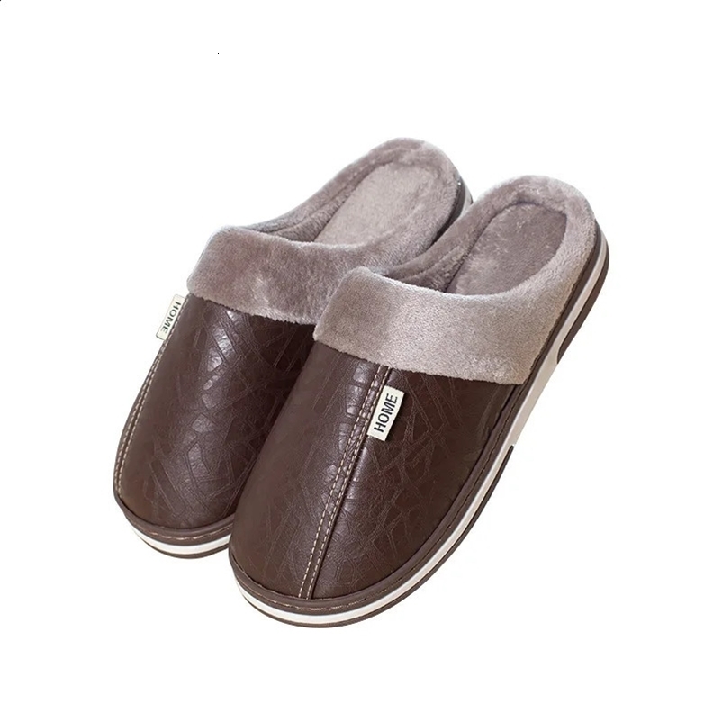 Mens slippers indoor PU leather womens winter waterproof warm home fur slippers mens couple shoes fluffy plus size home slippers 240909bj